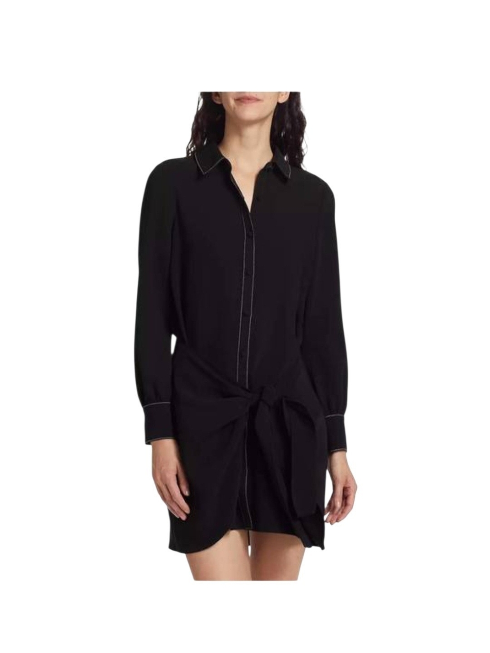 Cinq à Sept Gaby Tie Waist Crepe Shirtdress Black Topstitching Size 4